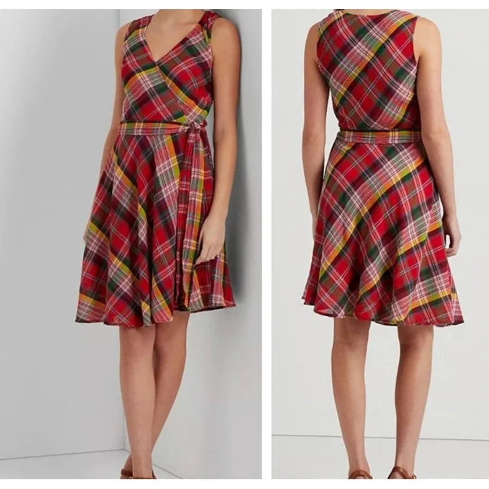 Lauren Ralph Lauren Plaid Crinkle Cotton A-Line Dress Sz 10 Preppy Heritage FLAW